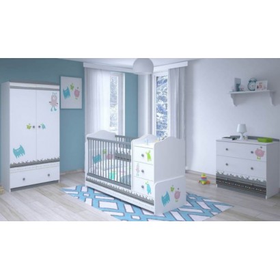 Детская комната для новорожденного Polini Basic Монстрики, 3 предмета: кроватка-трансформер+комод+шкаф двухсекционный